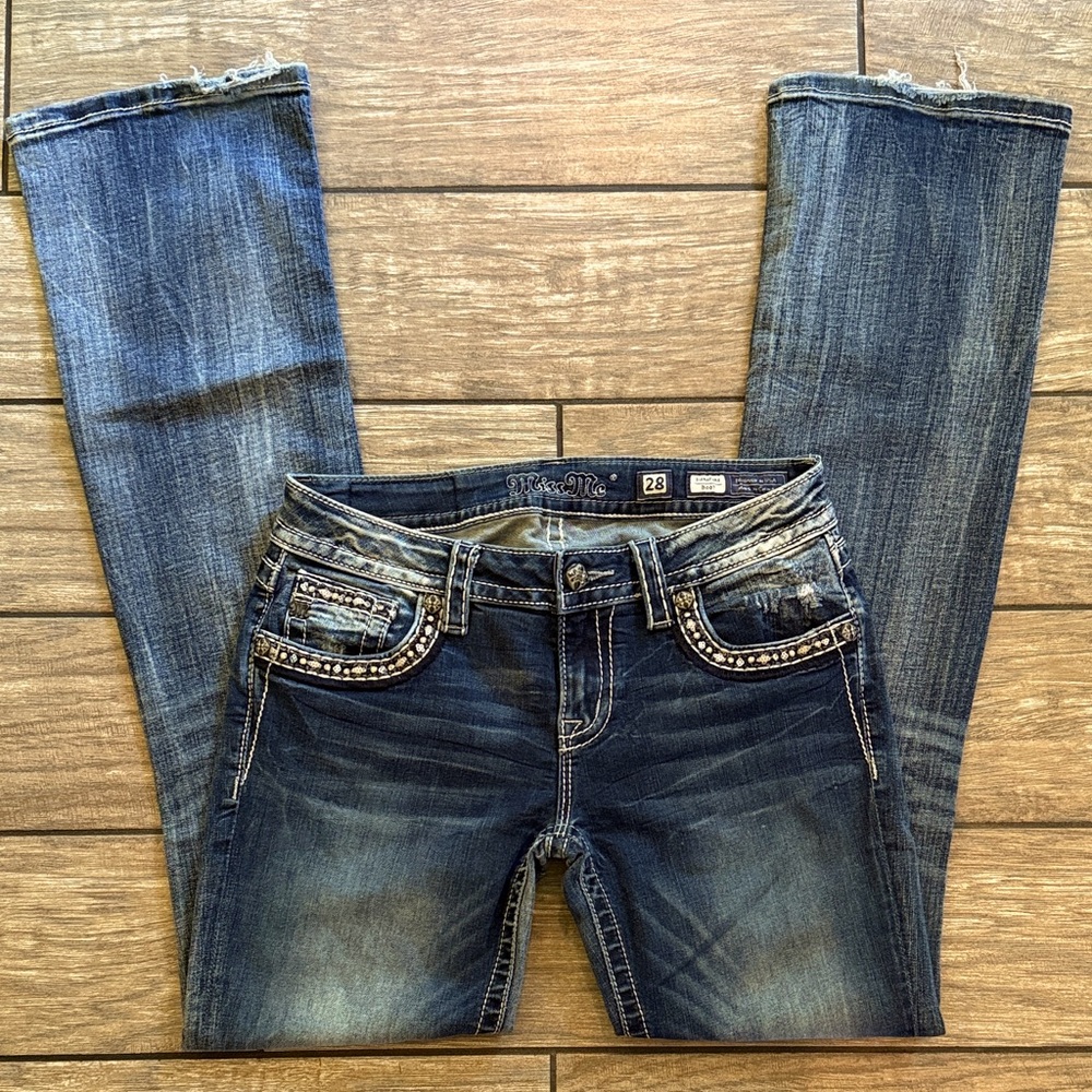 Miss Me Dark Blue Boot Cut Jeans with Stud Accents